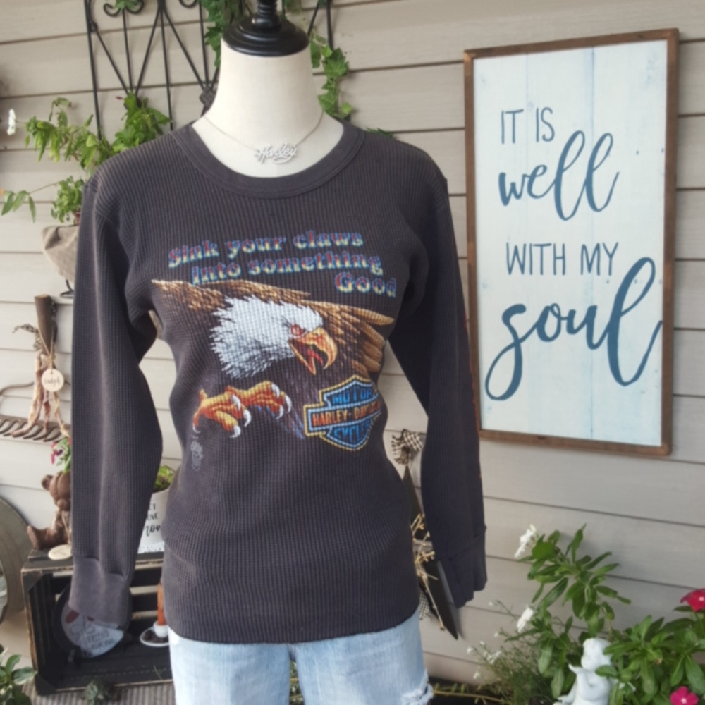 HARLEY-DAVIDSON ♡ 1970's Vintage Charcoal 3D Eagle Long Sleeve Thermal H-D Top S